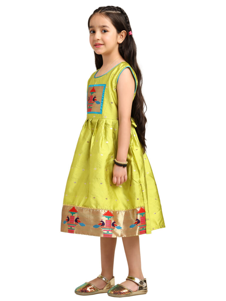 Paithani Baby Girl Frock – Mehndi Silk with Temple Motif & Zari Border – Diamond Pattern