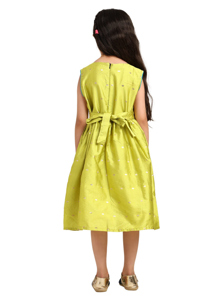Paithani Baby Girl Frock – Mehndi Silk with Temple Motif & Zari Border – Diamond Pattern