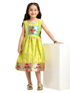 Paithani Baby Girl Frock – Mehndi Silk with Temple Motif & Zari Border – Diamond Pattern