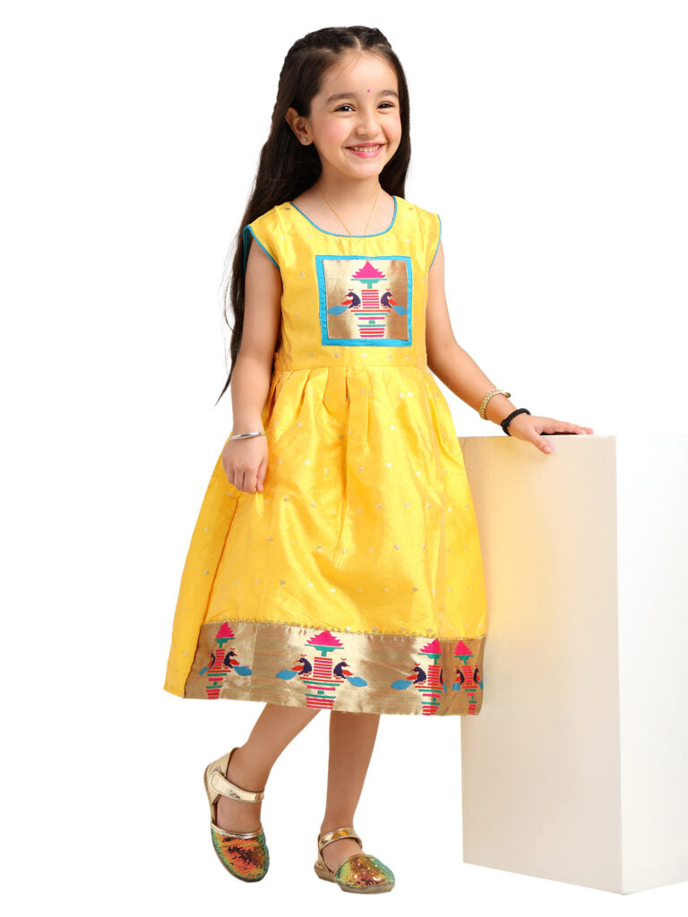 Paithani Baby Girl Frock – Mango Silk with Temple Motif Design & Zari Border – Diamond Pattern