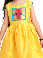 Paithani Baby Girl Frock – Mango Silk with Temple Motif Design & Zari Border – Diamond Pattern