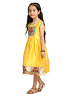 Paithani Baby Girl Frock – Mango Silk with Temple Motif Design & Zari Border – Diamond Pattern