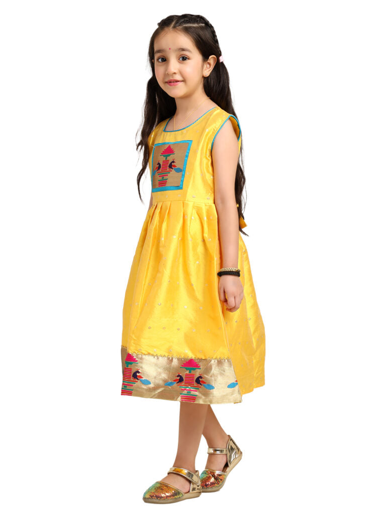 Paithani Baby Girl Frock – Mango Silk with Temple Motif Design & Zari Border – Diamond Pattern