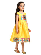 Paithani Baby Girl Frock – Mango Silk with Temple Motif Design & Zari Border – Diamond Pattern