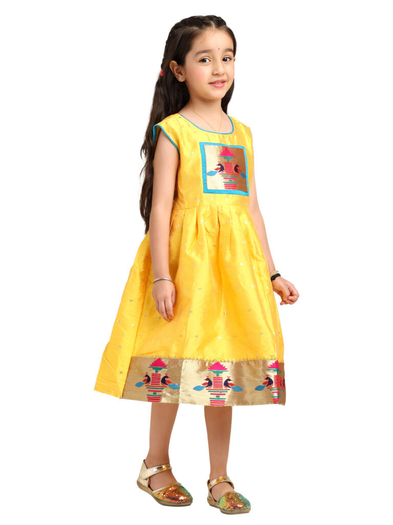 Paithani Baby Girl Frock – Mango Silk with Temple Motif Design & Zari Border – Diamond Pattern