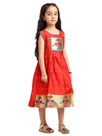 Paithani Baby Girl Frock – Red Silk with Temple Motif Design & Zari Border – Diamond Pattern
