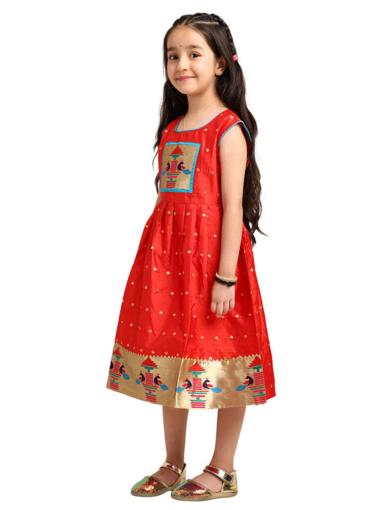 Paithani Baby Girl Frock – Red Silk with Temple Motif Design & Zari Border – Diamond Pattern