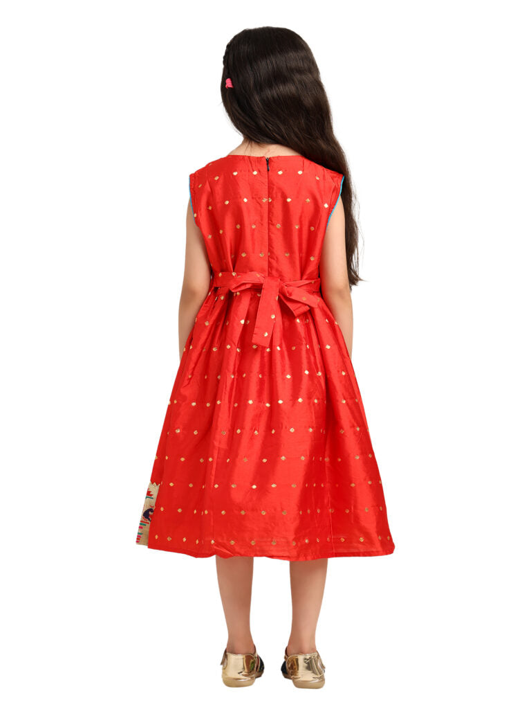 Paithani Baby Girl Frock – Red Silk with Temple Motif Design & Zari Border – Diamond Pattern