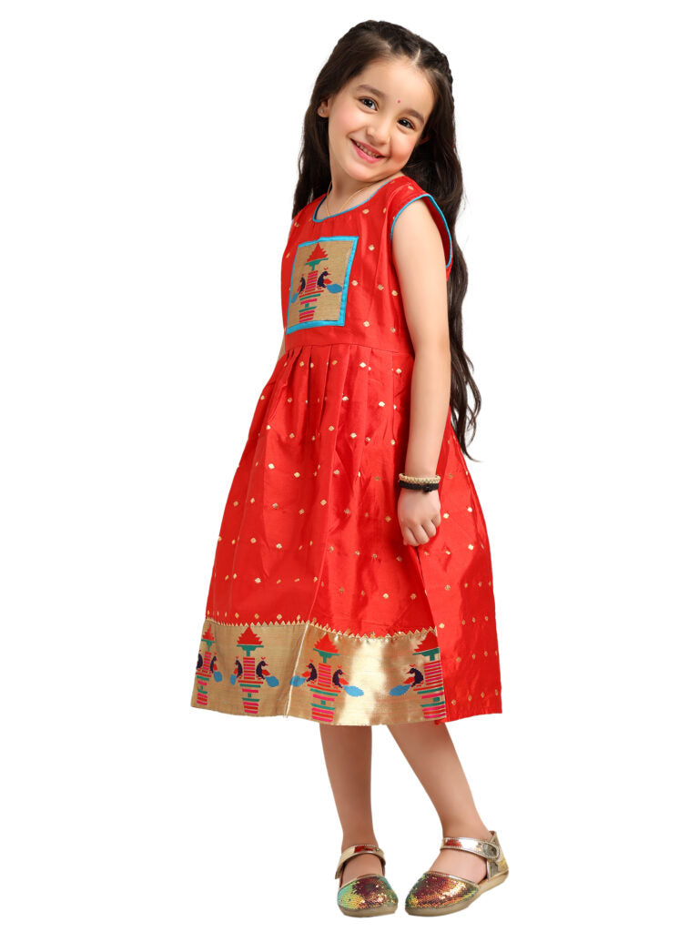 Paithani Baby Girl Frock – Red Silk with Temple Motif Design & Zari Border – Diamond Pattern
