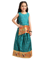 Paithani Baby Girl Lehenga Set – Rama Silk with Brocade Peplum Top & Peacock Zari Border – Gita Pattern