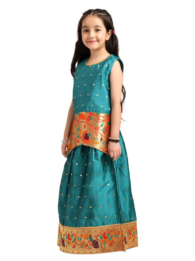 Paithani Baby Girl Lehenga Set – Rama Silk with Brocade Peplum Top & Peacock Zari Border – Gita Pattern