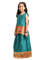 Paithani Baby Girl Lehenga Set – Rama Silk with Brocade Peplum Top & Peacock Zari Border – Gita Pattern