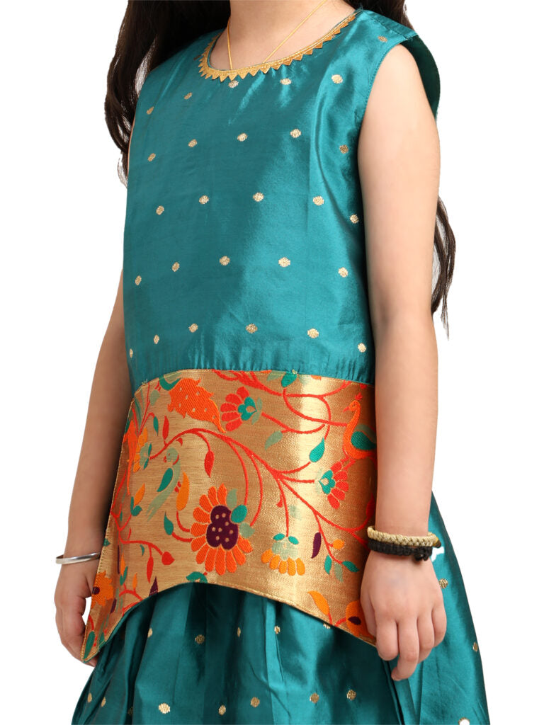 Paithani Baby Girl Lehenga Set – Rama Silk with Brocade Peplum Top & Peacock Zari Border – Gita Pattern