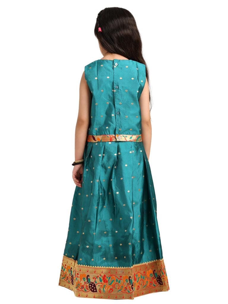 Paithani Baby Girl Lehenga Set – Rama Silk with Brocade Peplum Top & Peacock Zari Border – Gita Pattern