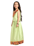 Paithani Baby Girl Lehenga Set – Parrot Silk with V-Neck Brocade Collar & Peacock Zari Border – V Neck Pattern