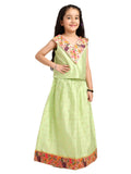 Paithani Baby Girl Lehenga Set – Parrot Silk with V-Neck Brocade Collar & Peacock Zari Border – V Neck Pattern