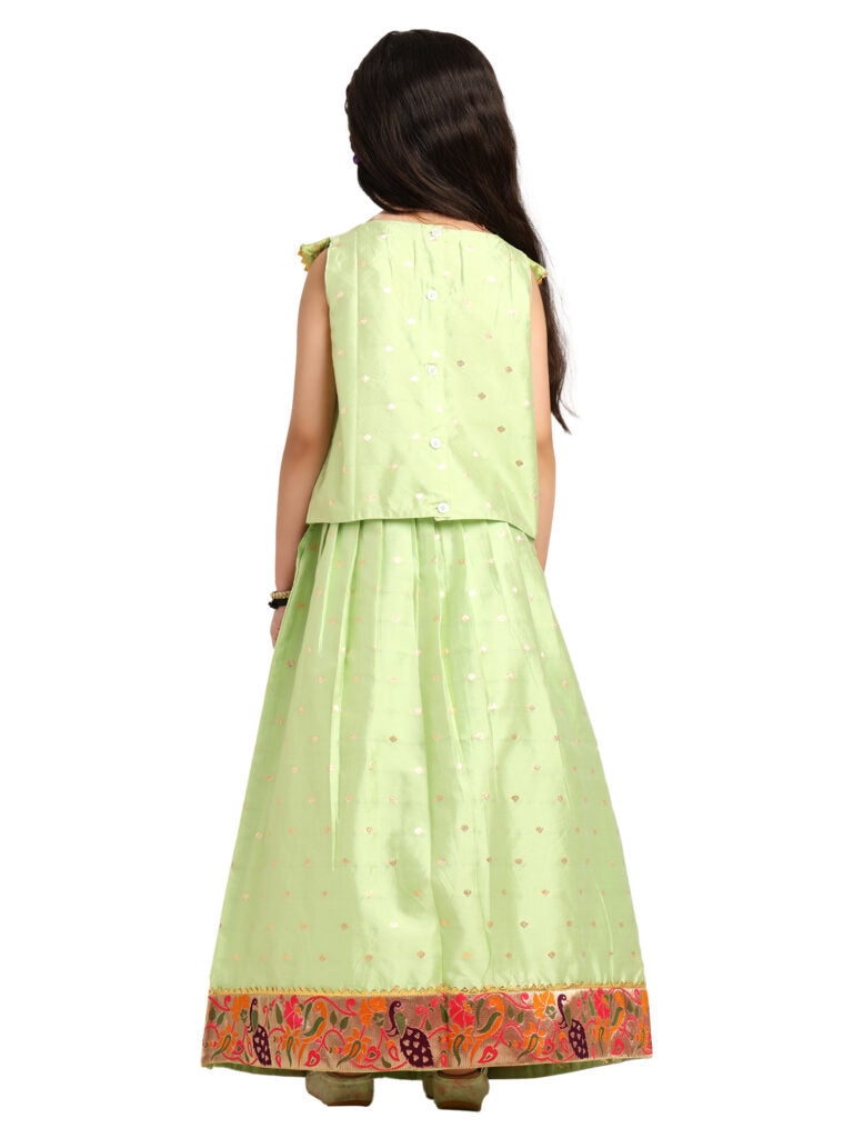 Paithani Baby Girl Lehenga Set – Parrot Silk with V-Neck Brocade Collar & Peacock Zari Border – V Neck Pattern
