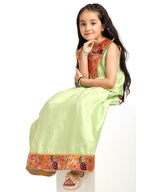 Paithani Baby Girl Lehenga Set – Parrot Silk with V-Neck Brocade Collar & Peacock Zari Border – V Neck Pattern