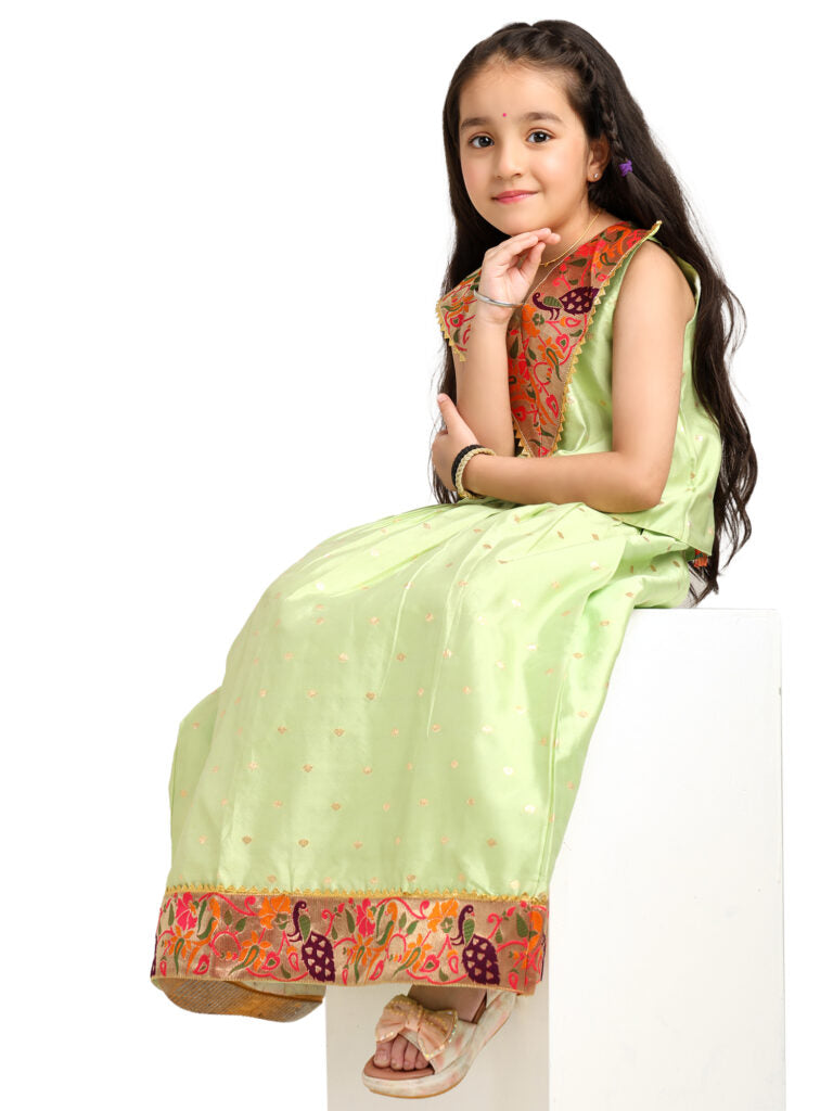 Paithani Baby Girl Lehenga Set – Parrot Silk with V-Neck Brocade Collar & Peacock Zari Border – V Neck Pattern