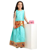Paithani Baby Girl Lehenga Set – Firozi Silk with Brocade Peplum Top & Peacock Zari Border – Gita Pattern