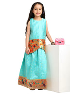 Paithani Baby Girl Lehenga Set – Firozi Silk with Brocade Peplum Top & Peacock Zari Border – Gita Pattern
