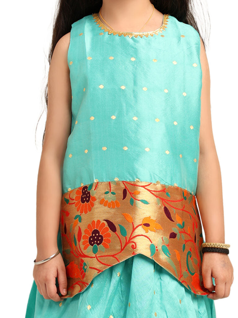 Paithani Baby Girl Lehenga Set – Firozi Silk with Brocade Peplum Top & Peacock Zari Border – Gita Pattern