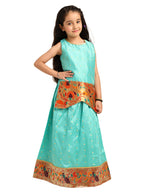 Paithani Baby Girl Lehenga Set – Firozi Silk with Brocade Peplum Top & Peacock Zari Border – Gita Pattern