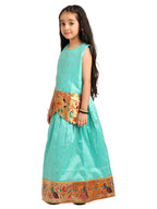 Paithani Baby Girl Lehenga Set – Firozi Silk with Brocade Peplum Top & Peacock Zari Border – Gita Pattern