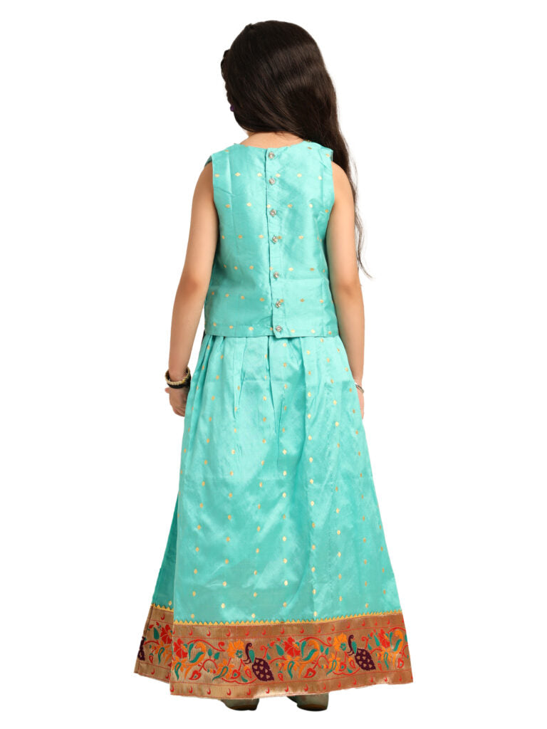 Paithani Baby Girl Lehenga Set – Firozi Silk with Brocade Peplum Top & Peacock Zari Border – Gita Pattern