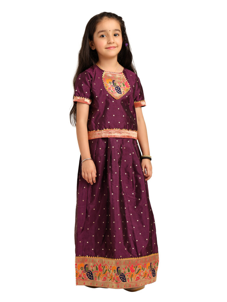 Purple Wine Paithani Baby Girl Lehenga Set-  chiu pattern