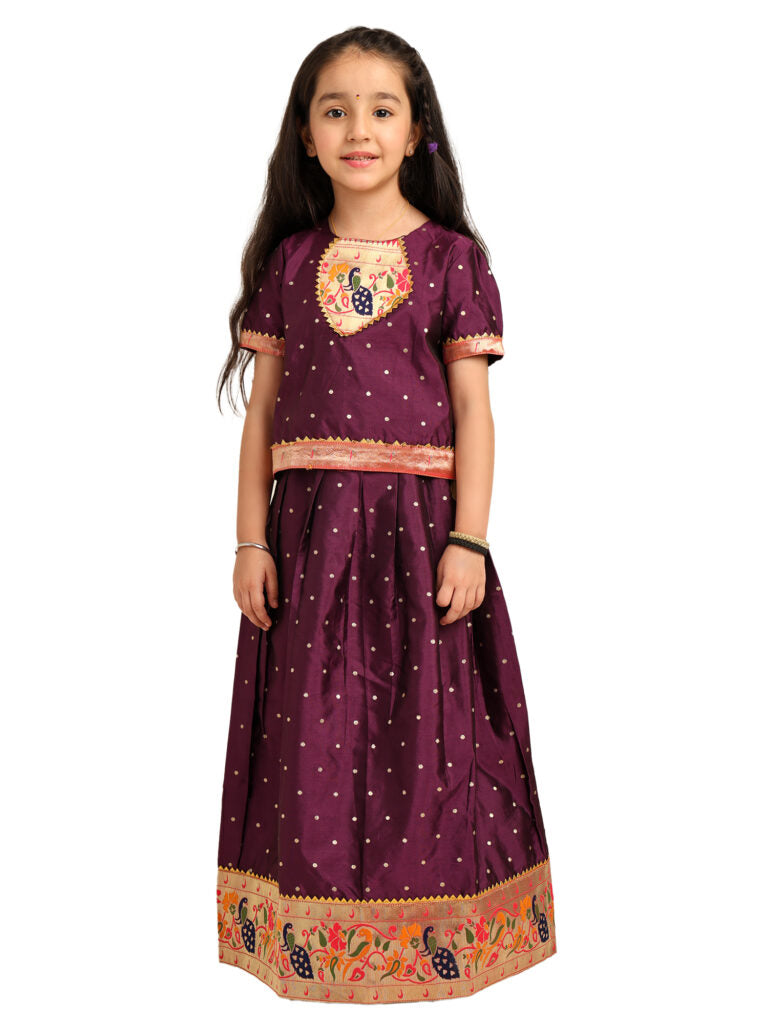 Purple Wine Paithani Baby Girl Lehenga Set-  chiu pattern