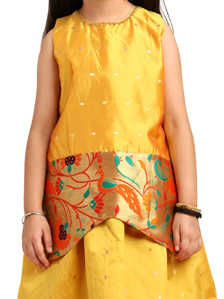 Paithani Baby Girl Lehenga Set – Mango Silk with Brocade Peplum Blouse & Peacock Zari Border – Gita Pattern