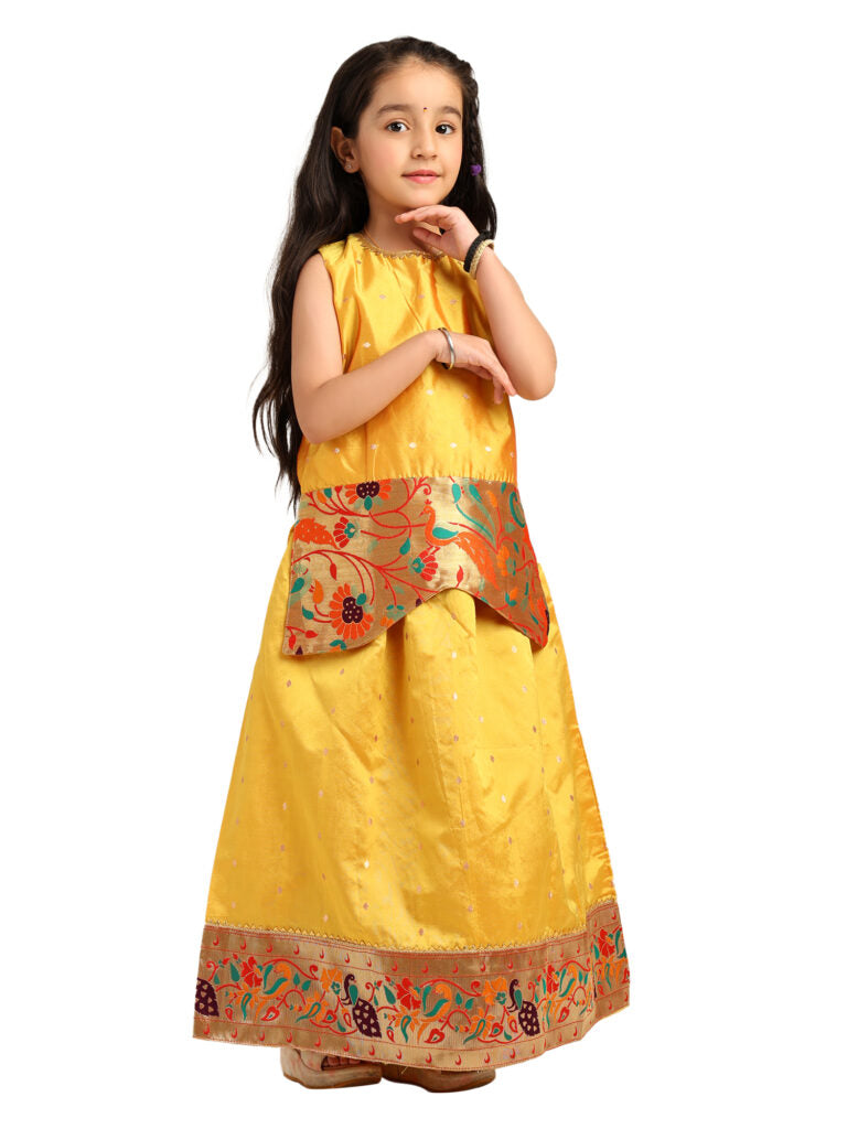 Paithani Baby Girl Lehenga Set – Mango Silk with Brocade Peplum Blouse & Peacock Zari Border – Gita Pattern