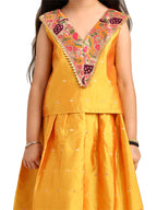Paithani Baby Girl Lehenga Set – Mango Silk with V-Neck Brocade Blouse & Peacock Zari Border – V Neck Pattern
