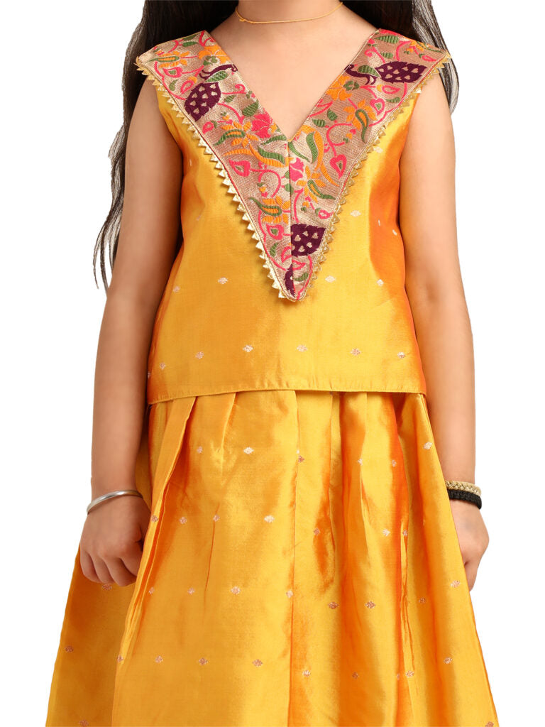 Paithani Baby Girl Lehenga Set – Mango Silk with V-Neck Brocade Blouse & Peacock Zari Border – V Neck Pattern