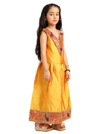 Paithani Baby Girl Lehenga Set – Mango Silk with V-Neck Brocade Blouse & Peacock Zari Border – V Neck Pattern