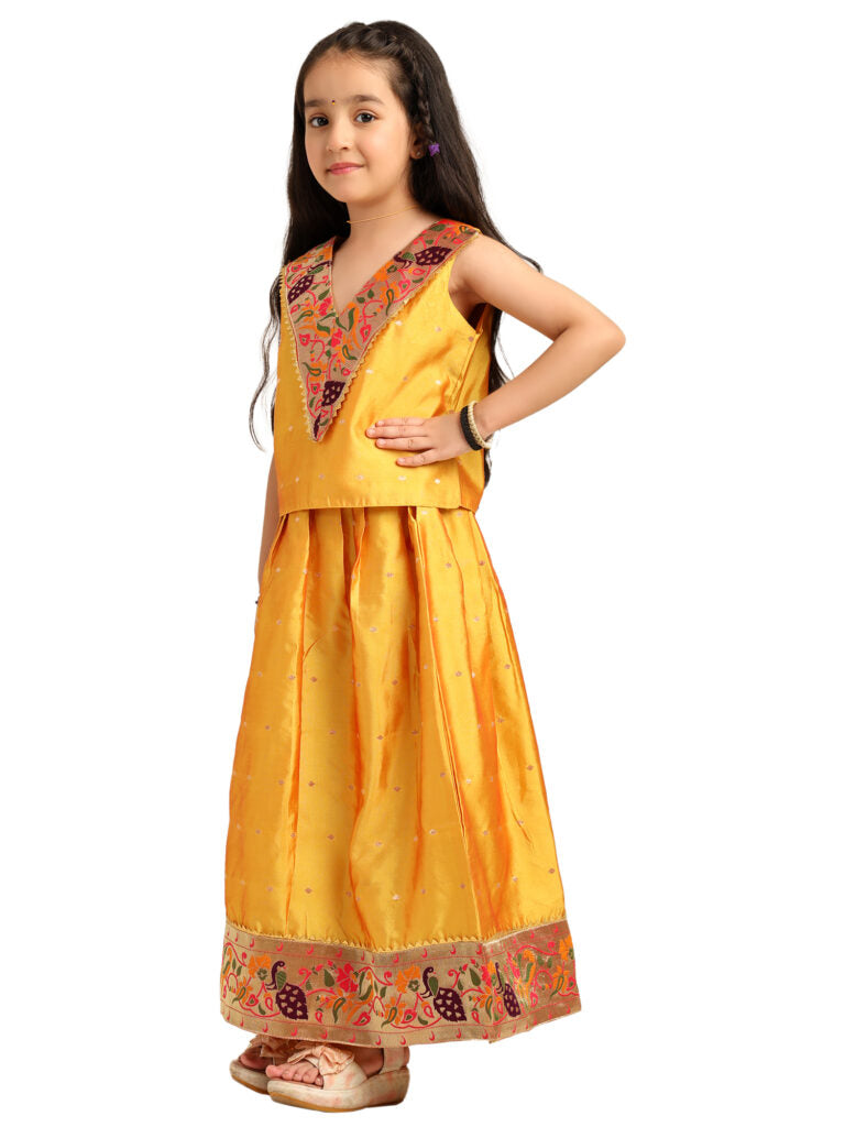 Paithani Baby Girl Lehenga Set – Mango Silk with V-Neck Brocade Blouse & Peacock Zari Border – V Neck Pattern