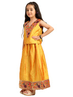 Paithani Baby Girl Lehenga Set – Mango Silk with V-Neck Brocade Blouse & Peacock Zari Border – V Neck Pattern