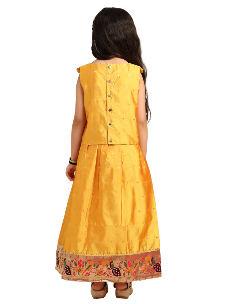 Paithani Baby Girl Lehenga Set – Mango Silk with V-Neck Brocade Blouse & Peacock Zari Border – V Neck Pattern