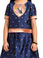 Paithani Baby Girl Lehenga Set – Blue Silk with Embroidered Peacock Yoke & Golden Zari Border – Chiu Pattern