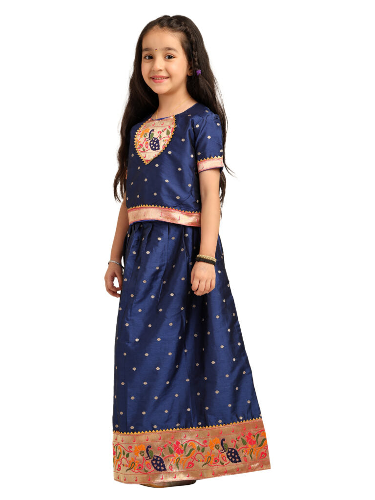 Paithani Baby Girl Lehenga Set – Blue Silk with Embroidered Peacock Yoke & Golden Zari Border – Chiu Pattern
