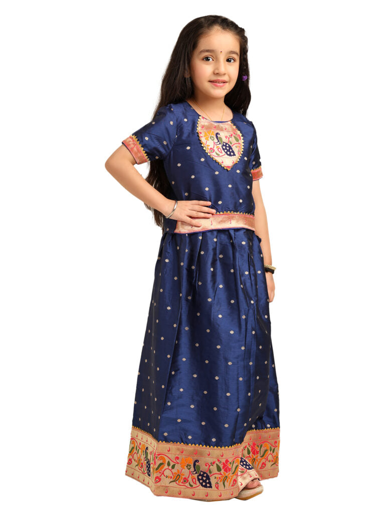 Paithani Baby Girl Lehenga Set – Blue Silk with Embroidered Peacock Yoke & Golden Zari Border – Chiu Pattern