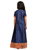Paithani Baby Girl Lehenga Set – Blue Silk with Embroidered Peacock Yoke & Golden Zari Border – Chiu Pattern