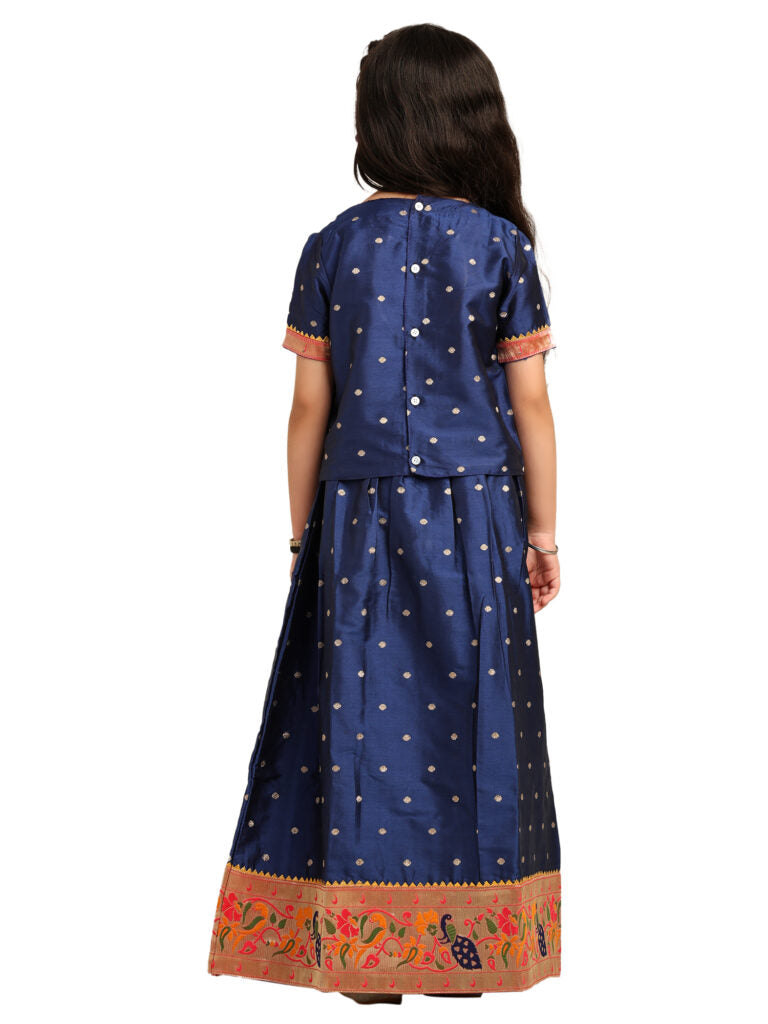 Paithani Baby Girl Lehenga Set – Blue Silk with Embroidered Peacock Yoke & Golden Zari Border – Chiu Pattern