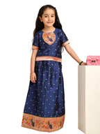 Paithani Baby Girl Lehenga Set – Blue Silk with Embroidered Peacock Yoke & Golden Zari Border – Chiu Pattern