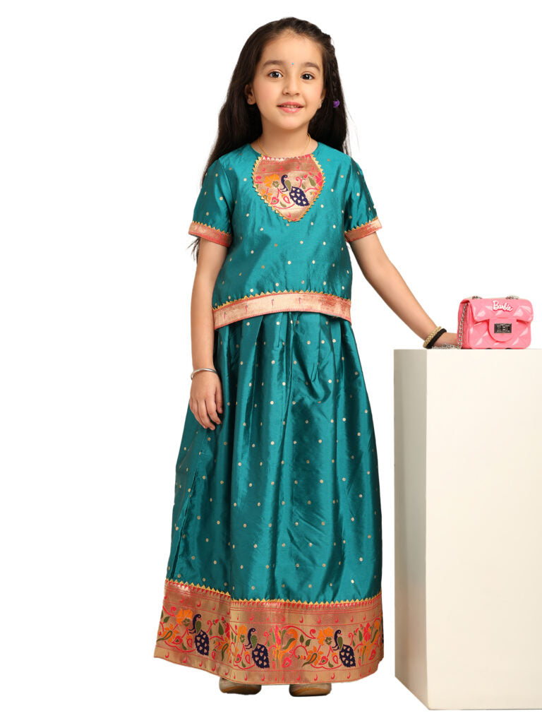 Paithani Baby Girl Lehenga Set – Rama Silk with Embroidered Peacock Blouse & Traditional Zari Border – Chiu Pattern