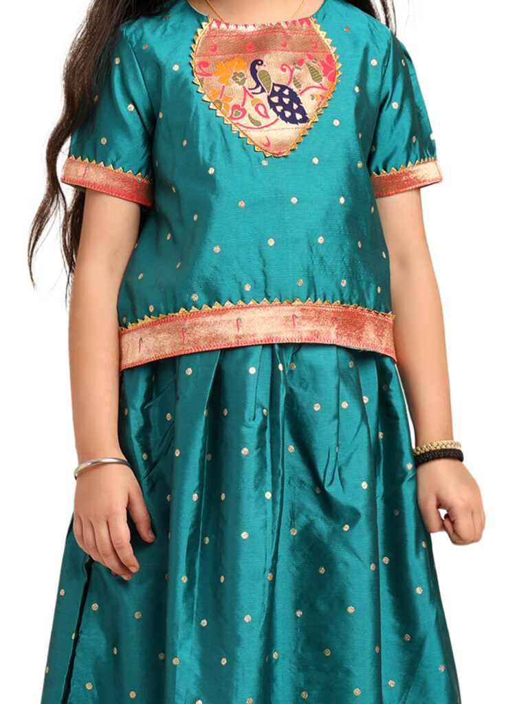 Paithani Baby Girl Lehenga Set – Rama Silk with Embroidered Peacock Blouse & Traditional Zari Border – Chiu Pattern