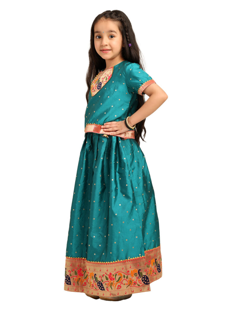 Paithani Baby Girl Lehenga Set – Rama Silk with Embroidered Peacock Blouse & Traditional Zari Border – Chiu Pattern