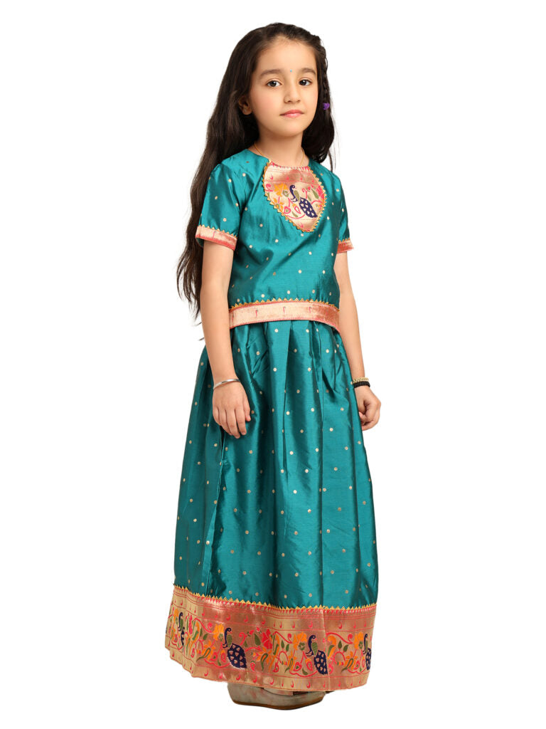 Paithani Baby Girl Lehenga Set – Rama Silk with Embroidered Peacock Blouse & Traditional Zari Border – Chiu Pattern
