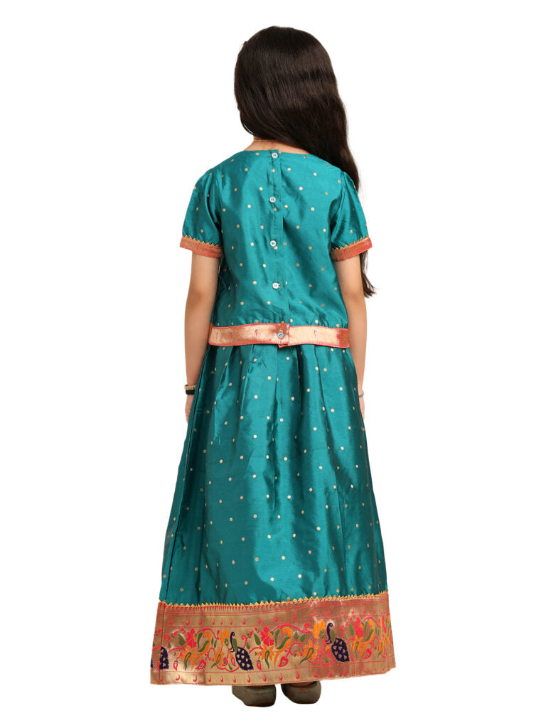Paithani Baby Girl Lehenga Set – Rama Silk with Embroidered Peacock Blouse & Traditional Zari Border – Chiu Pattern